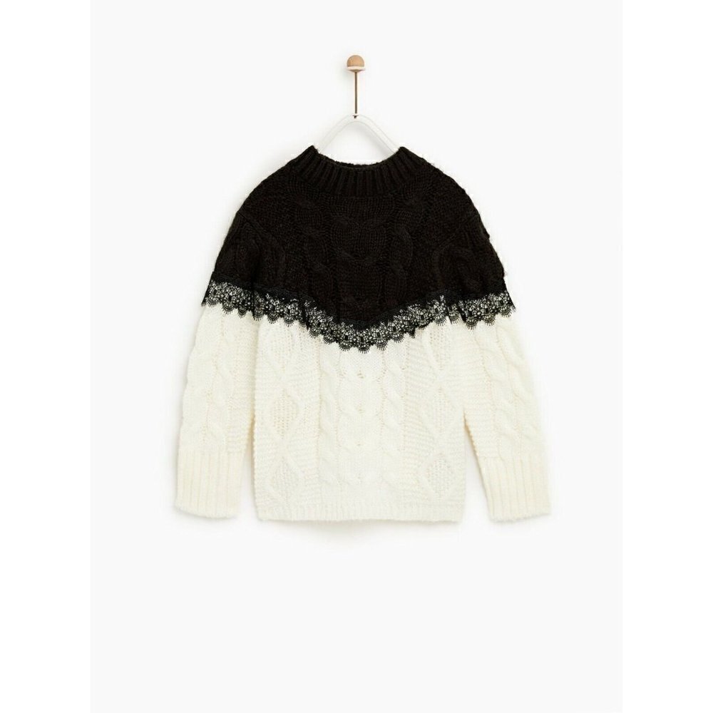 ZARA Lace Cable Knit Sweater Crop Cream Black 11-12